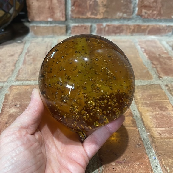 Art Glass Amber Bubbles Round Heavy Paperweight - Picture 3 of 4